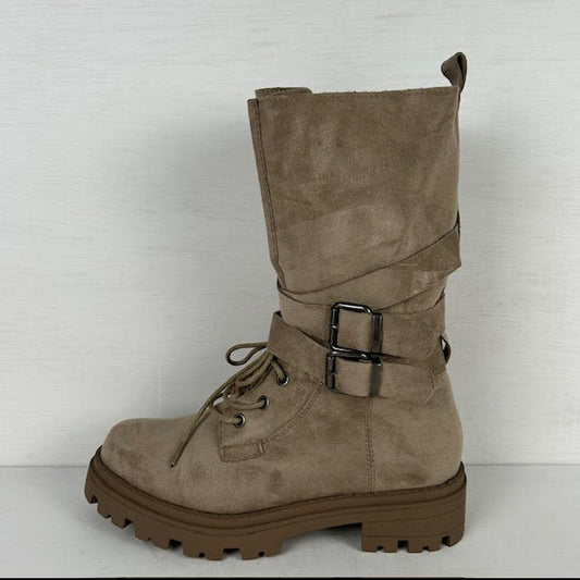 Stoere suèdine laarzen met gespjes taupe