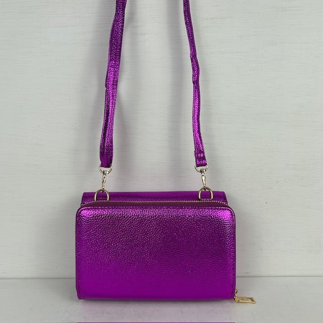 Schoudertasje met portemonnee metallic paars