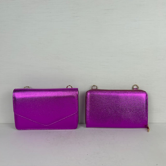 Schoudertasje met portemonnee metallic paars
