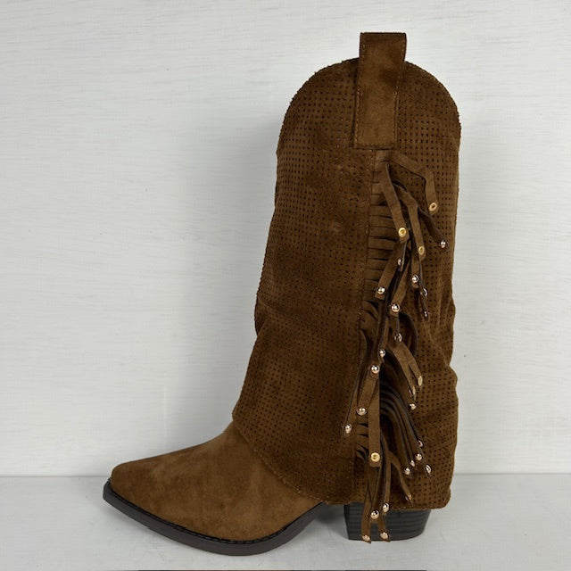 Suèdine cowboylaarzen met franjes en gaatjes motief lichtbruin