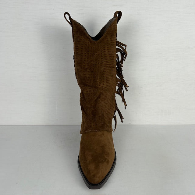 Suèdine cowboylaarzen met franjes en gaatjes motief lichtbruin