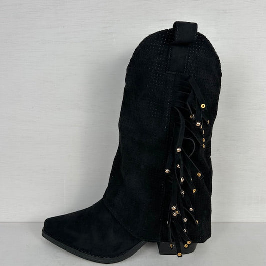 Suèdine cowboylaarzen met franjes en gaatjes motief zwart