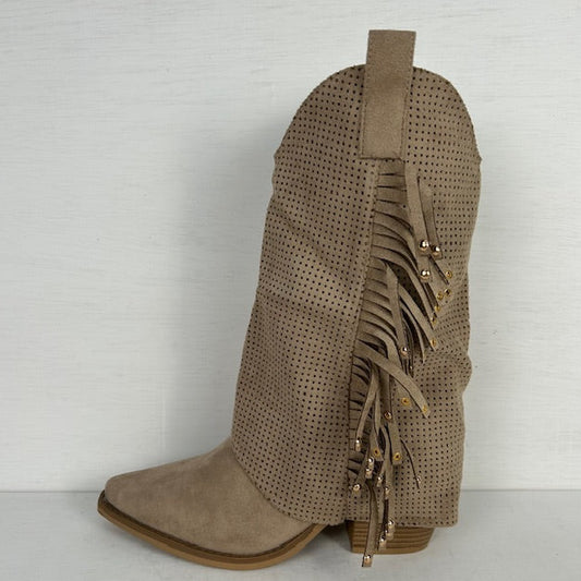 Suèdine cowboylaarzen met franjes en gaatjes motief khaki