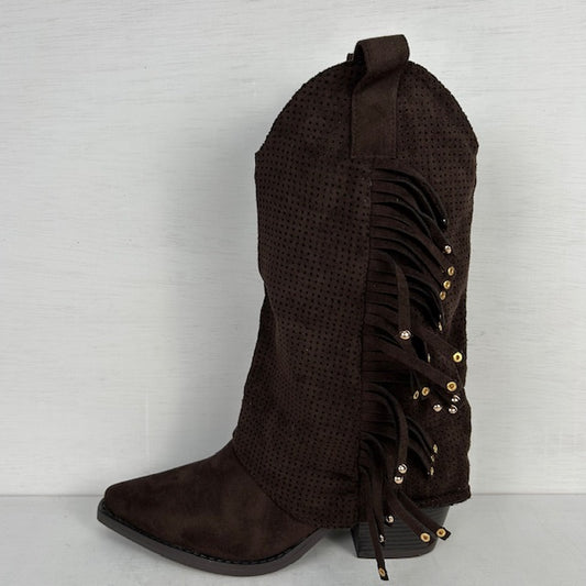 Suèdine cowboylaarzen met franjes en gaatjes motief bruin