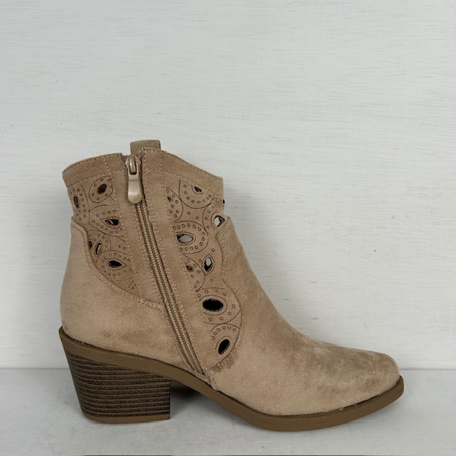 Suèdine cowboylaarsje met gaatjes motief khaki