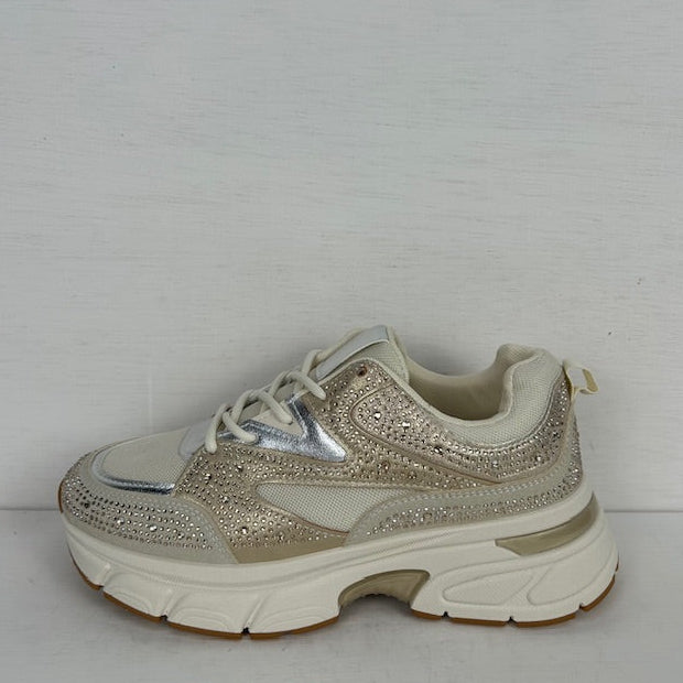 Trendy sneakers met shiny afwerking beige goud