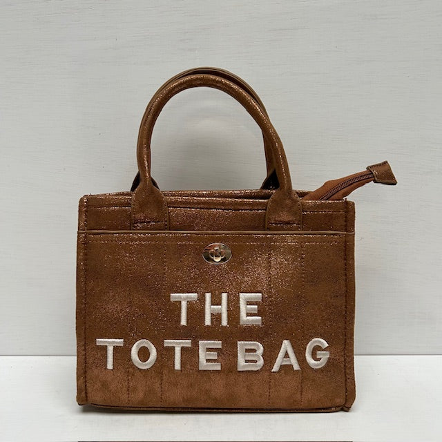 Metallic tote bag met gouden detail bruin klein