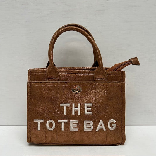 Metallic tote bag met gouden detail bruin klein