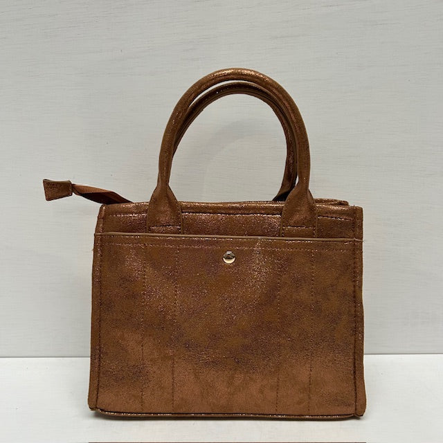 Metallic tote bag met gouden detail bruin klein