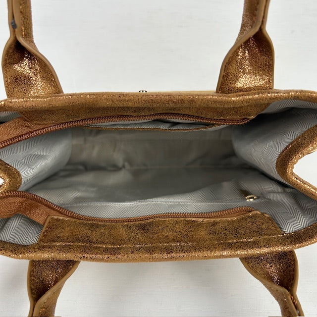 Metallic tote bag met gouden detail bruin klein
