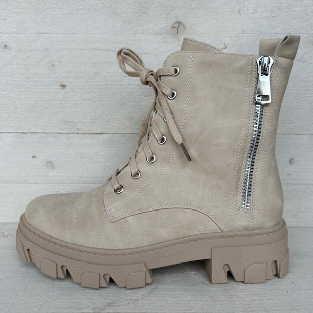 Leatherlook veterboots met sierrits beige