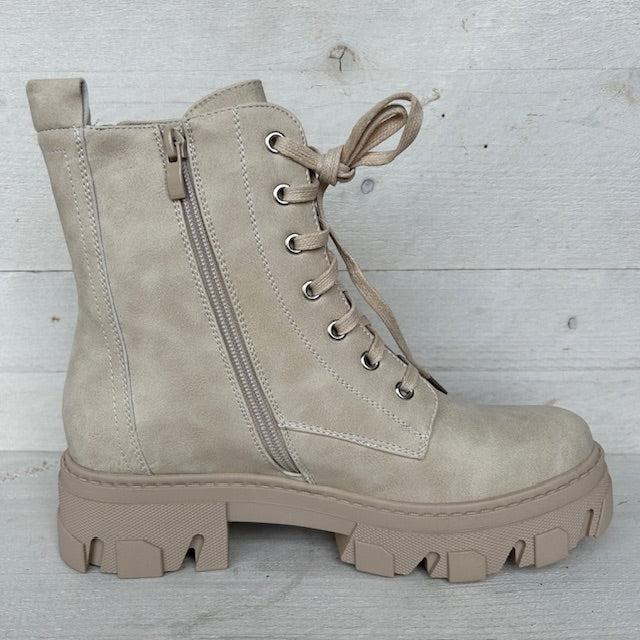 Leatherlook veterboots met sierrits beige