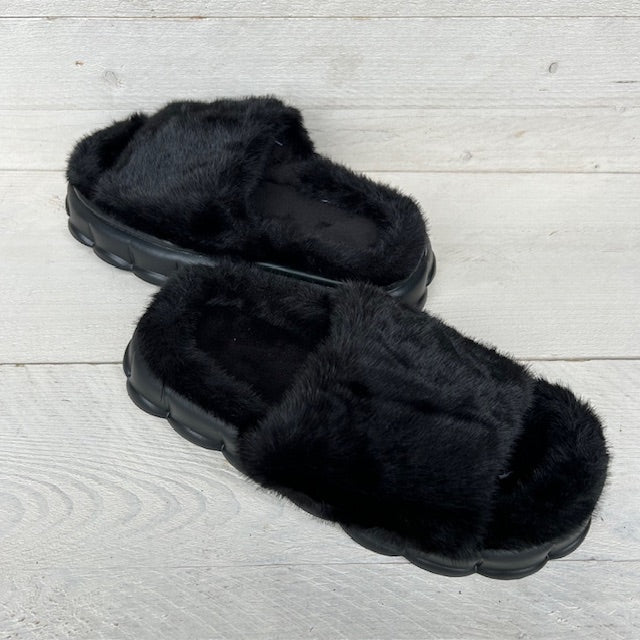 Furry pantoffels/ slides zwart