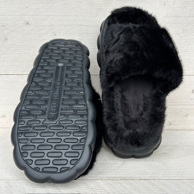 Furry pantoffels/ slides zwart