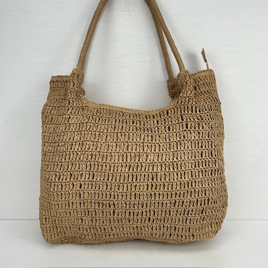 Gevlochten rieten shopper khaki