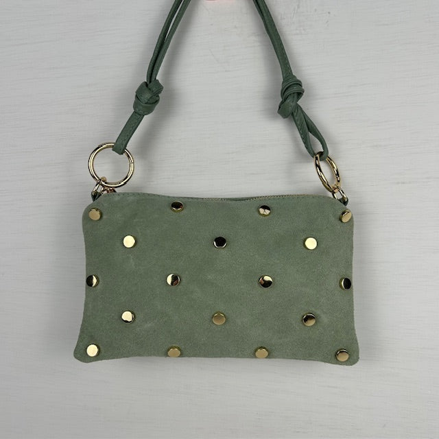 Real leather schoudertasje/ handtasje met studs groen