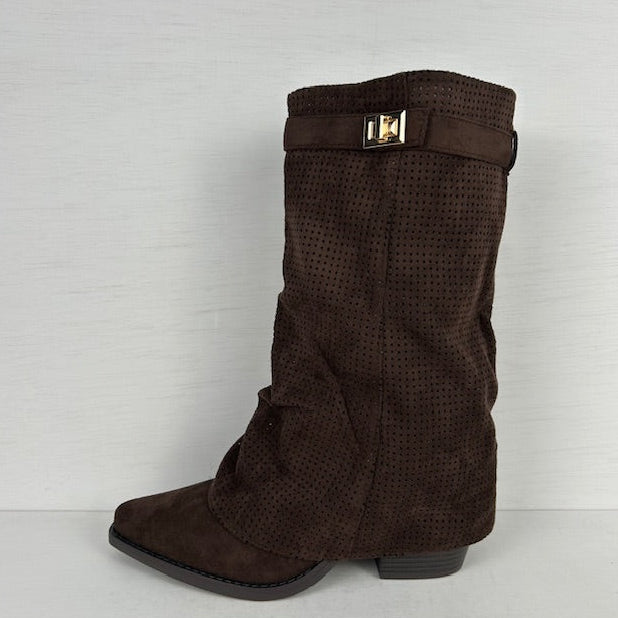 Suèdine cowboylaarzen met gaatjes motief en bandje bruin