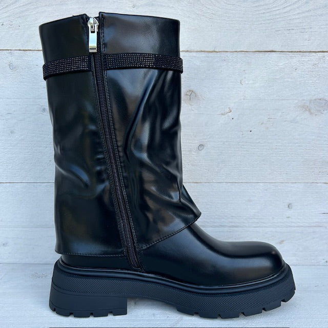 Shiny boots met flap zwart