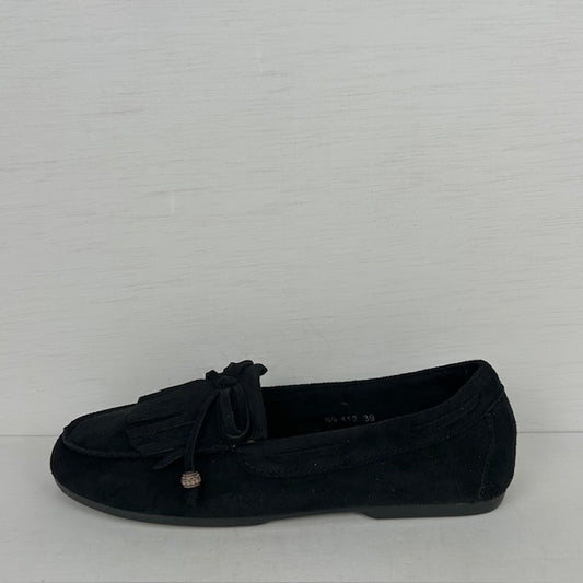 Suèdine instappers met franjes zwart