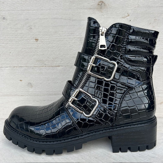 Glanzende crocoboots met gespjes zwart