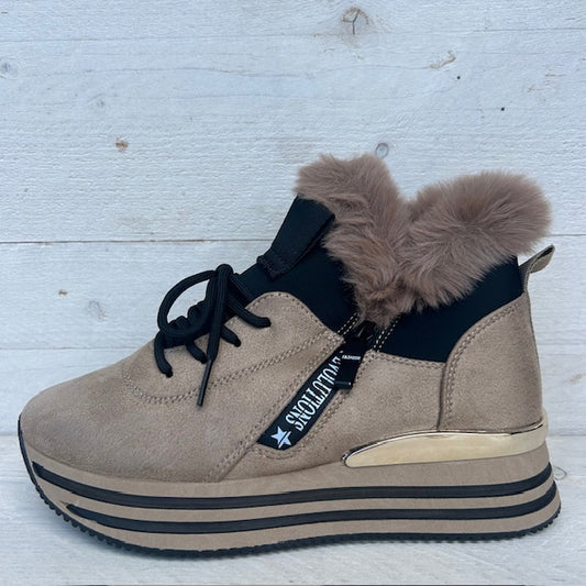 Sneakers met furry randje khaki