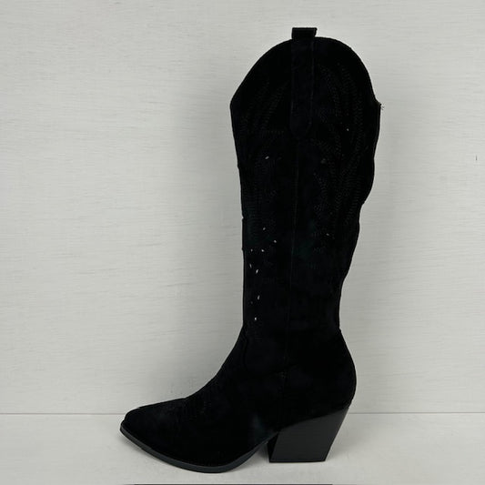 Hoge suèdine cowboylaarzen met gaatjes motief zwart