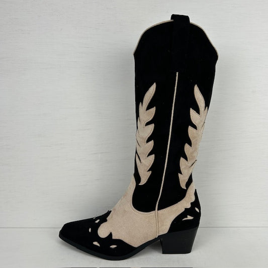 Hoge suèdine cowboylaarzen met gave afwerking zwart beige