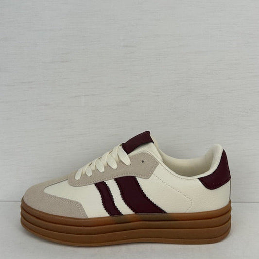Gave sneakers met retrozool beige / Bordeaux rood