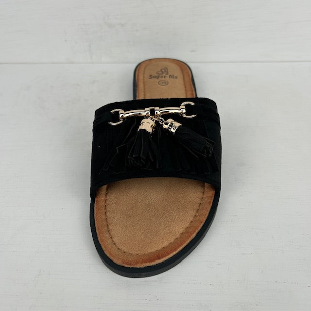 Leuke slippers met franjes zwart