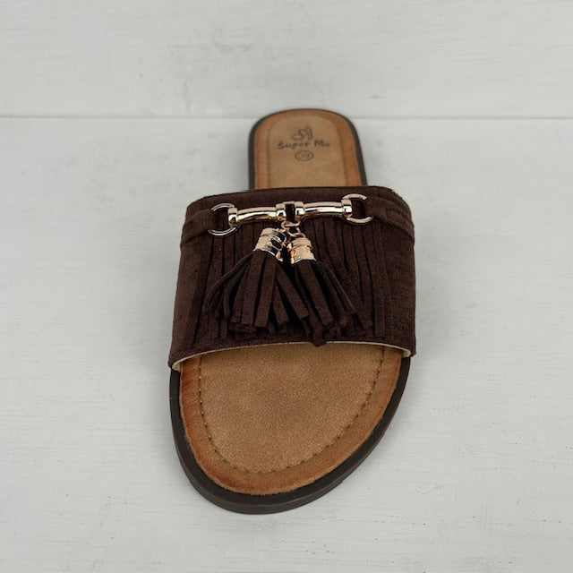 Leuke slippers met franjes bruin