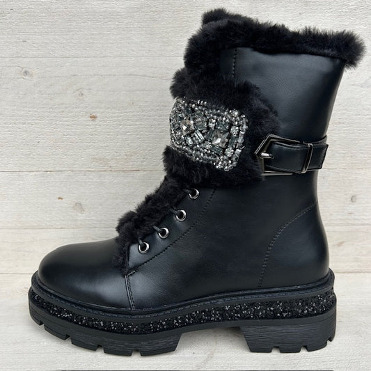 Shiny veterboots met furry randje zwart