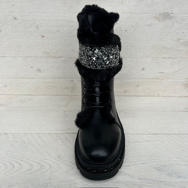 Shiny veterboots met furry randje zwart