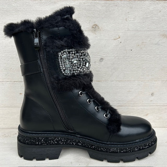 Shiny veterboots met furry randje zwart