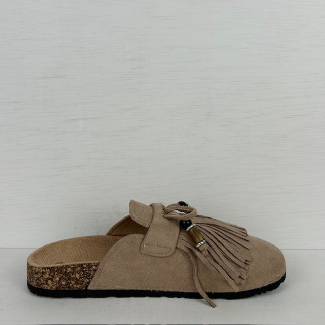 Instap slippers met franjes khaki