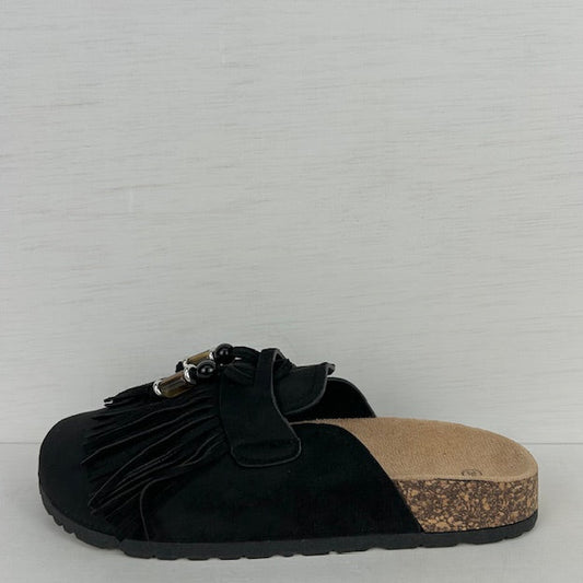 Instap slippers met franjes zwart