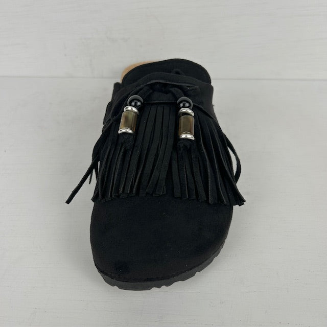 Instap slippers met franjes zwart