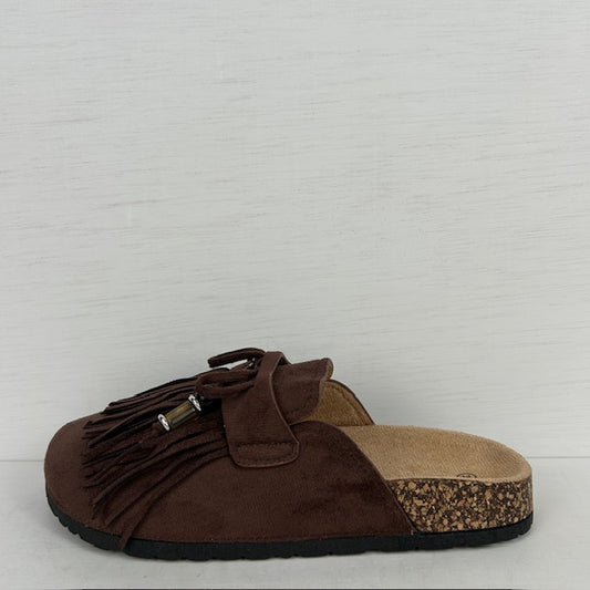 Instap slippers met franjes bruin