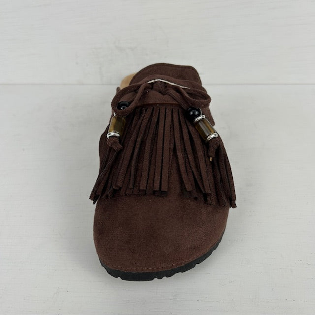 Instap slippers met franjes bruin