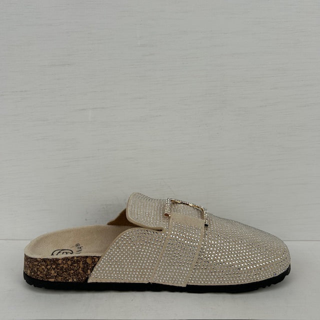 Instap slippers met glitters beige