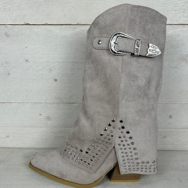 Trendy cowboylaars met sierlijke flap beige