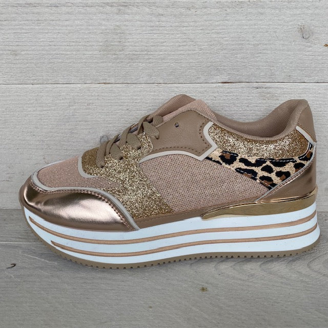 Sneakers beige goud met panterprint