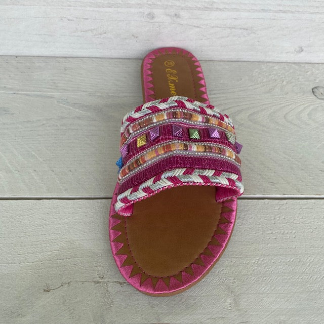 Slippertjes met studs fuchsia