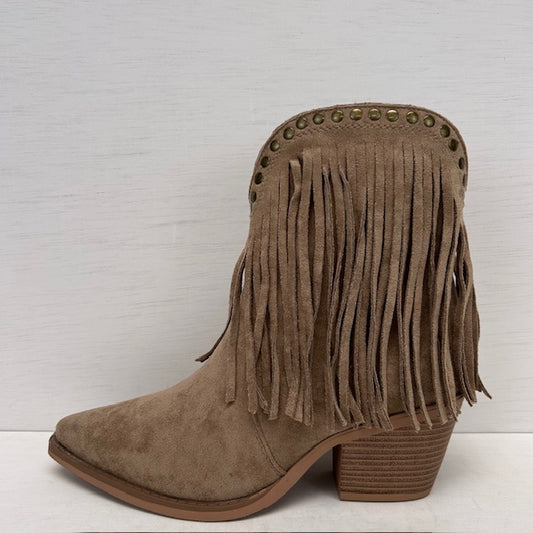 Laag cowboylaarsje met franjes en studs khaki