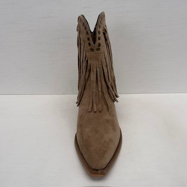 Laag cowboylaarsje met franjes en studs khaki