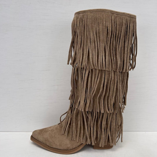 Trendy suèdine cowboylaarzen met franjes khaki