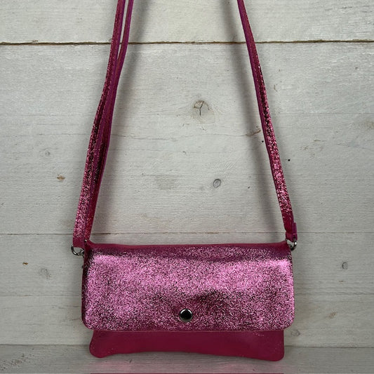 Real leather schoudertasje metallic roze