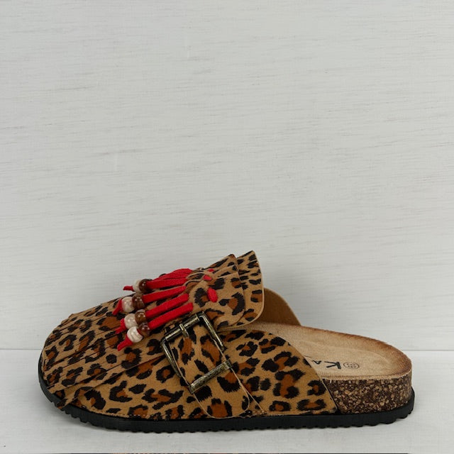 Leuke instap slippers met franjes panter