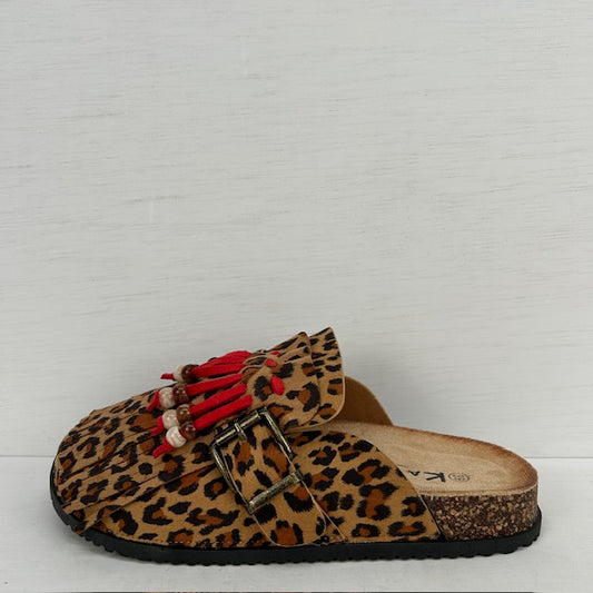 Leuke instap slippers met franjes panter