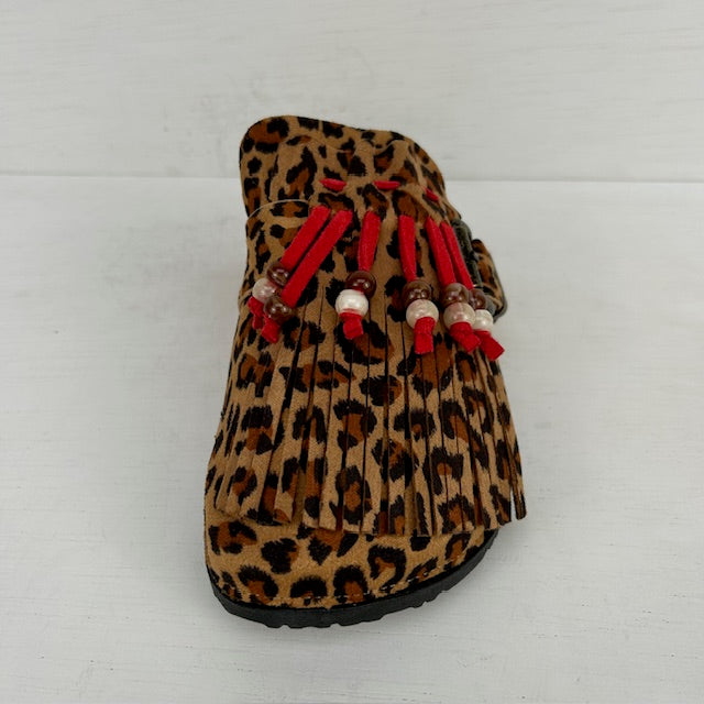 Leuke instap slippers met franjes panter