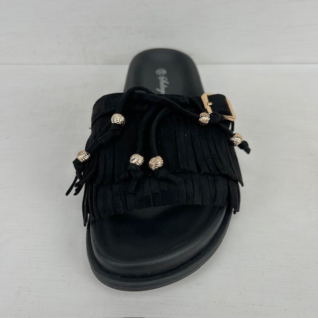 Geweldige slippers met franjes zwart